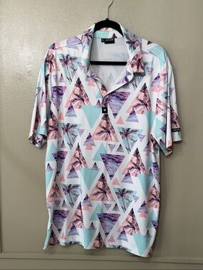 Men's Short Sleeve Geometric Palm Print Shirt - White/Turquoise/Pink